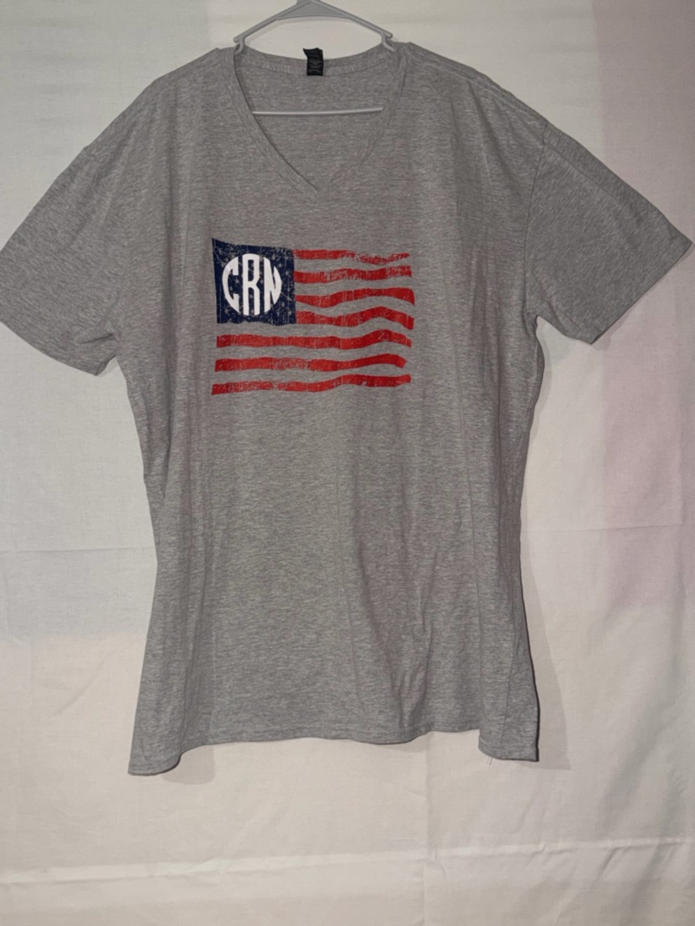 Anvil Gray V-Neck T-Shirt with Red & Blue Flag Graphic